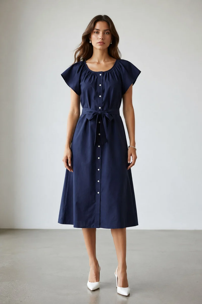 Hanri|100% Cotton Midi Dress With Extended Sleeves
