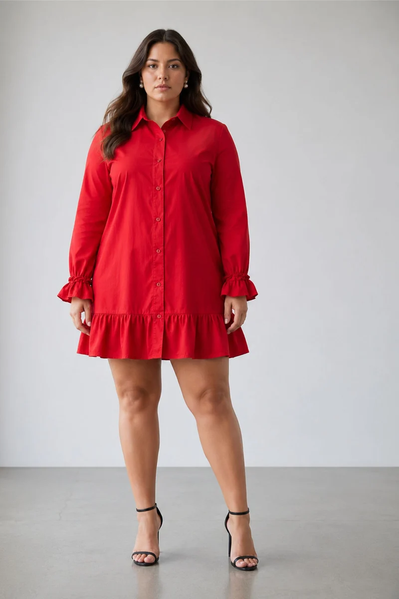 Hallye|100% Cotton Mini Shirt Dress With Ruffle