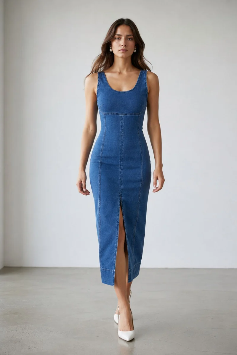 Ravelle|100% Cotton Denim Bodycon Maxi Dress