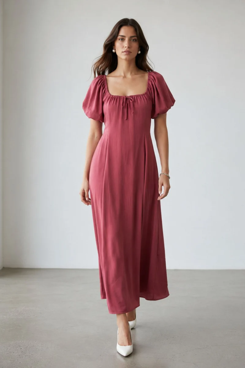 Orelissea|Maxi Dress With Puff Sleeves & Pleats