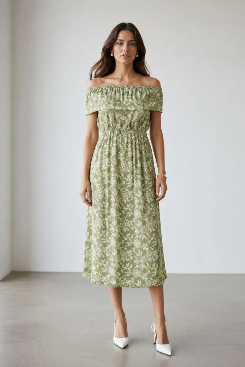 Nankura|100% Cotton Printed Off-Shoulder Dress