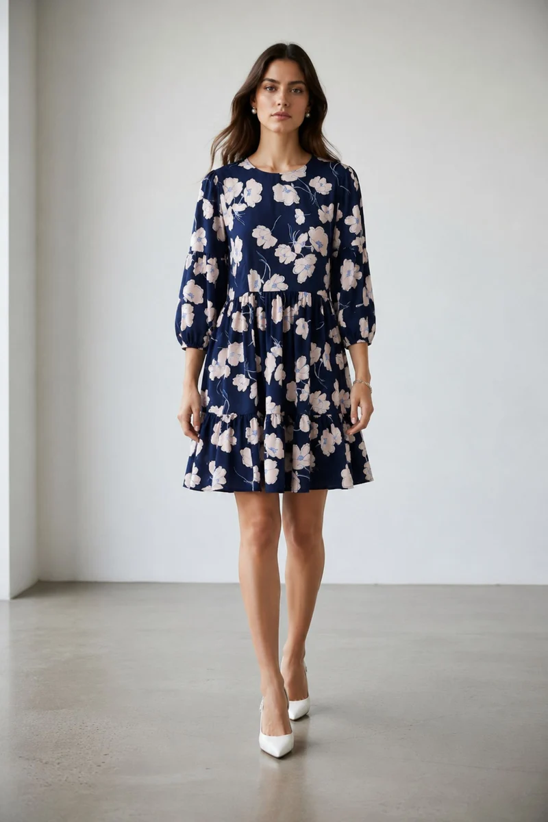 Viona|Linen Printed Tiered Hem Midi Dress