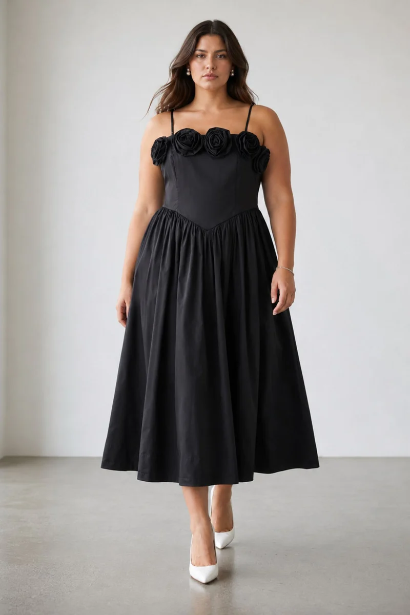 Rosenya|100% Cotton Basque Corsage Maxi Dress
