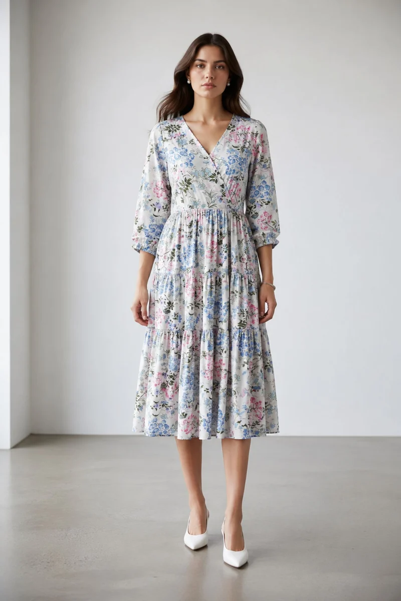 Elarin|100% Viscose Printed V-Neck Midi Dress