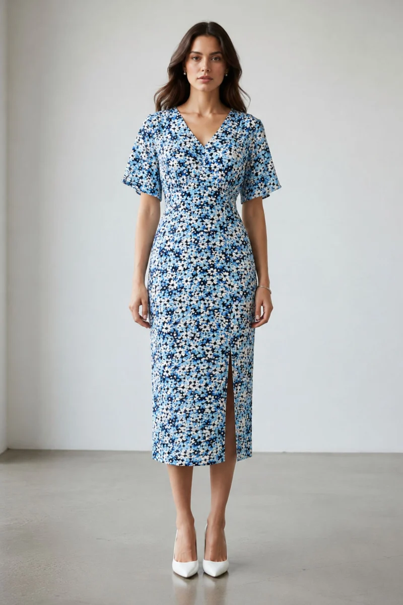 Meesha|100% Viscose Printed Side Slit Midi Dress