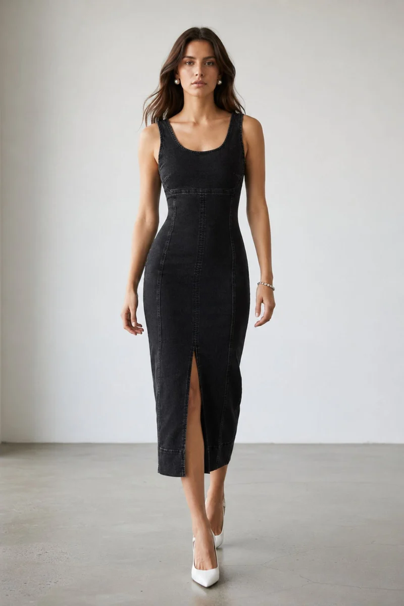 Renaya|100% Cotton Denim Bodycon Maxi Dress