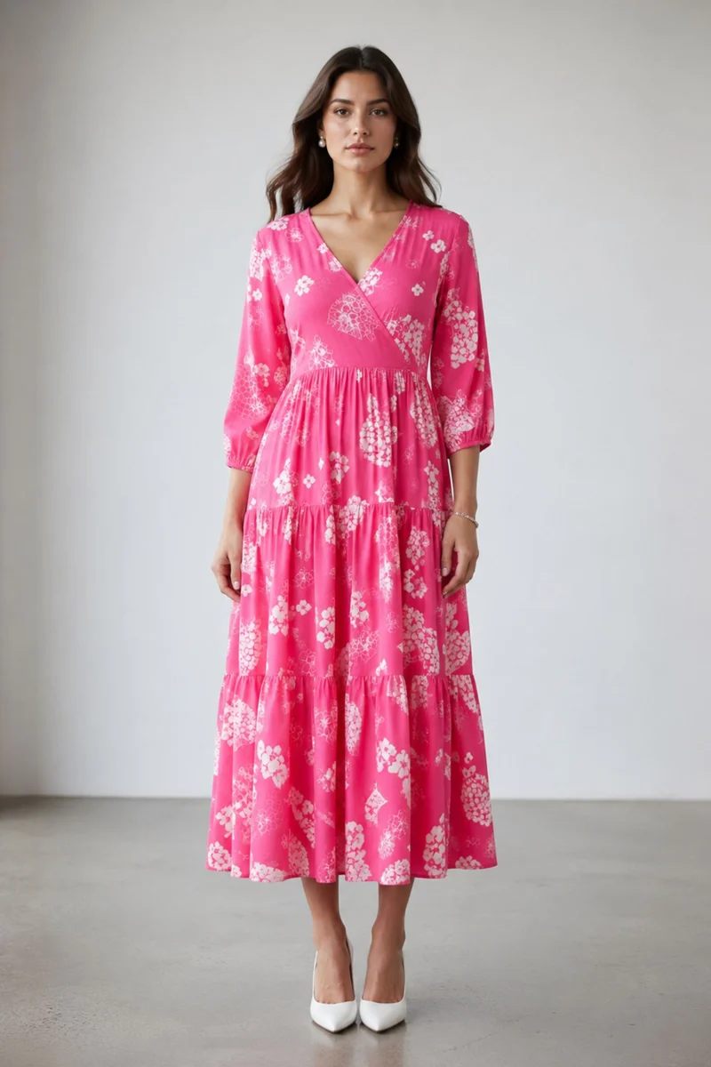 Sarakura|100% Viscose Printed V-Neck Midi Dress