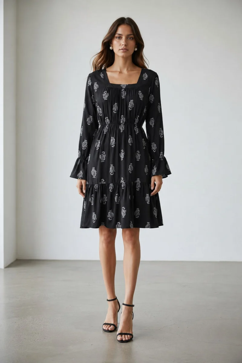 Yagami|100% Viscose Printed Square Neck Dress