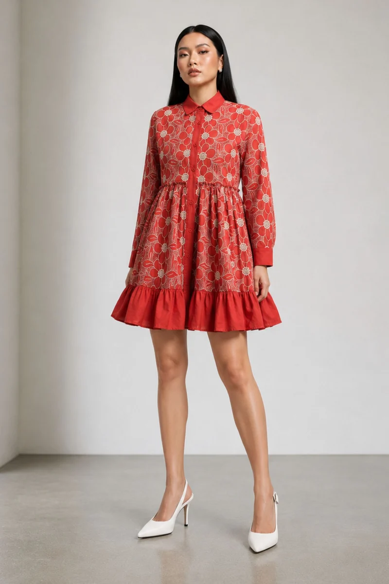Avelisse|100% Cotton Embroidered Shirt Dress