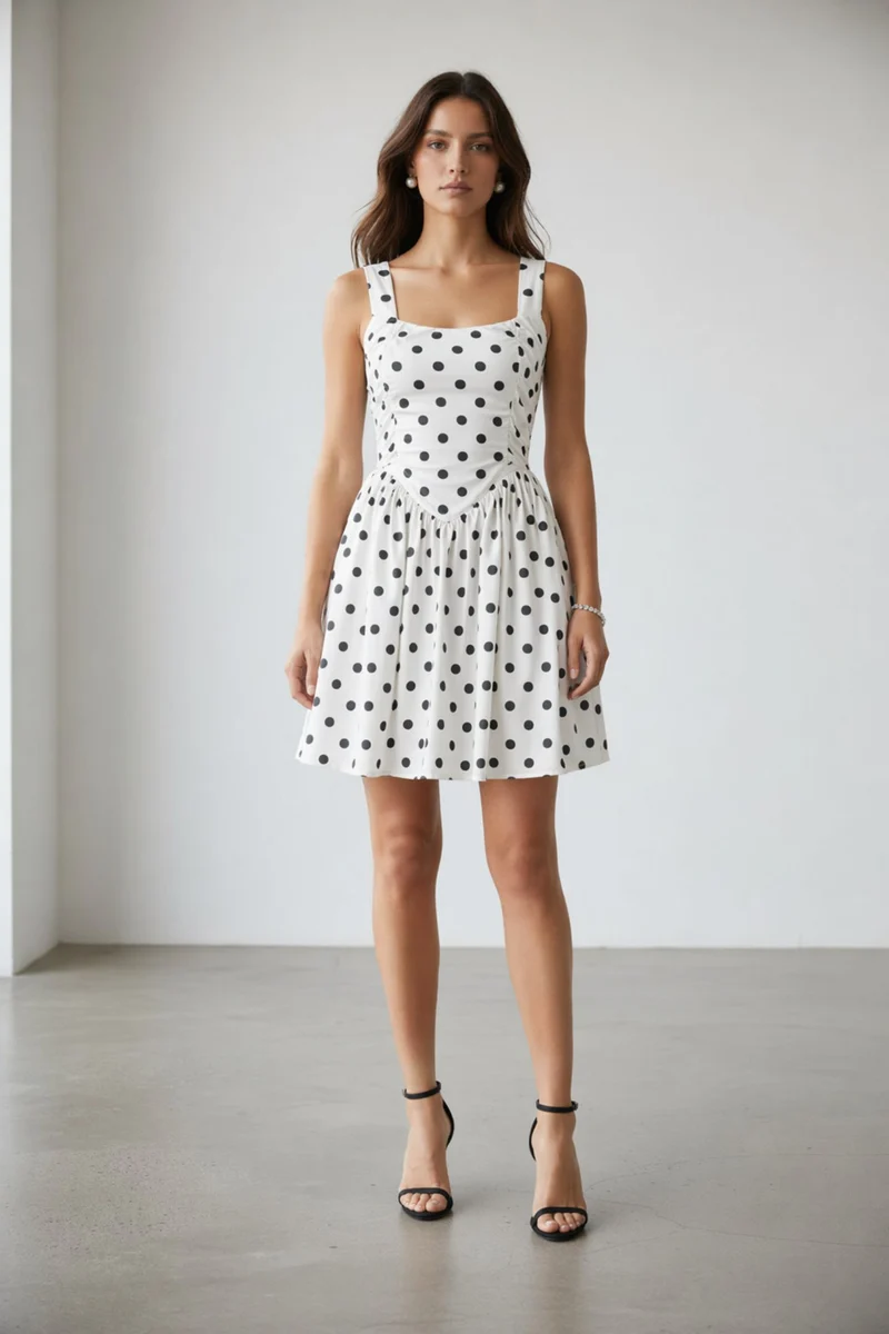 Aurette|100% Viscose Polka Lace Detail Mini Dress