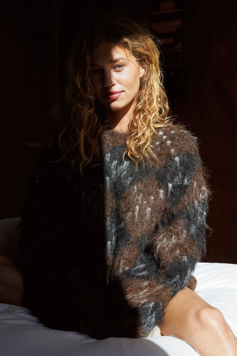 Neo Noir - Roeme Check Fluffy Knit Blouse 168111 - 676 - Dark Brown