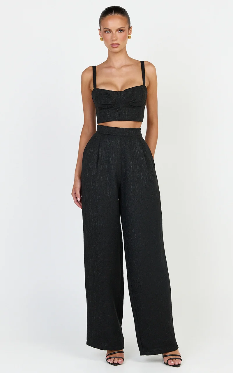 Sylvia Two Piece Set - Corset Top and High Waisted Wide Leg Pants Set in Black