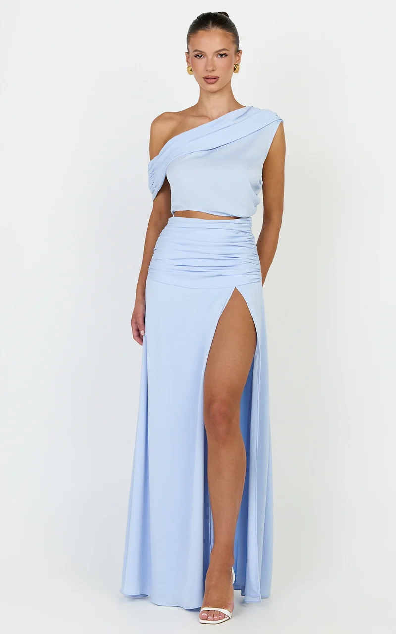 Ayla Two Piece Set - Draped Off Shoulder Top And Maxi Skirt Set in Blue