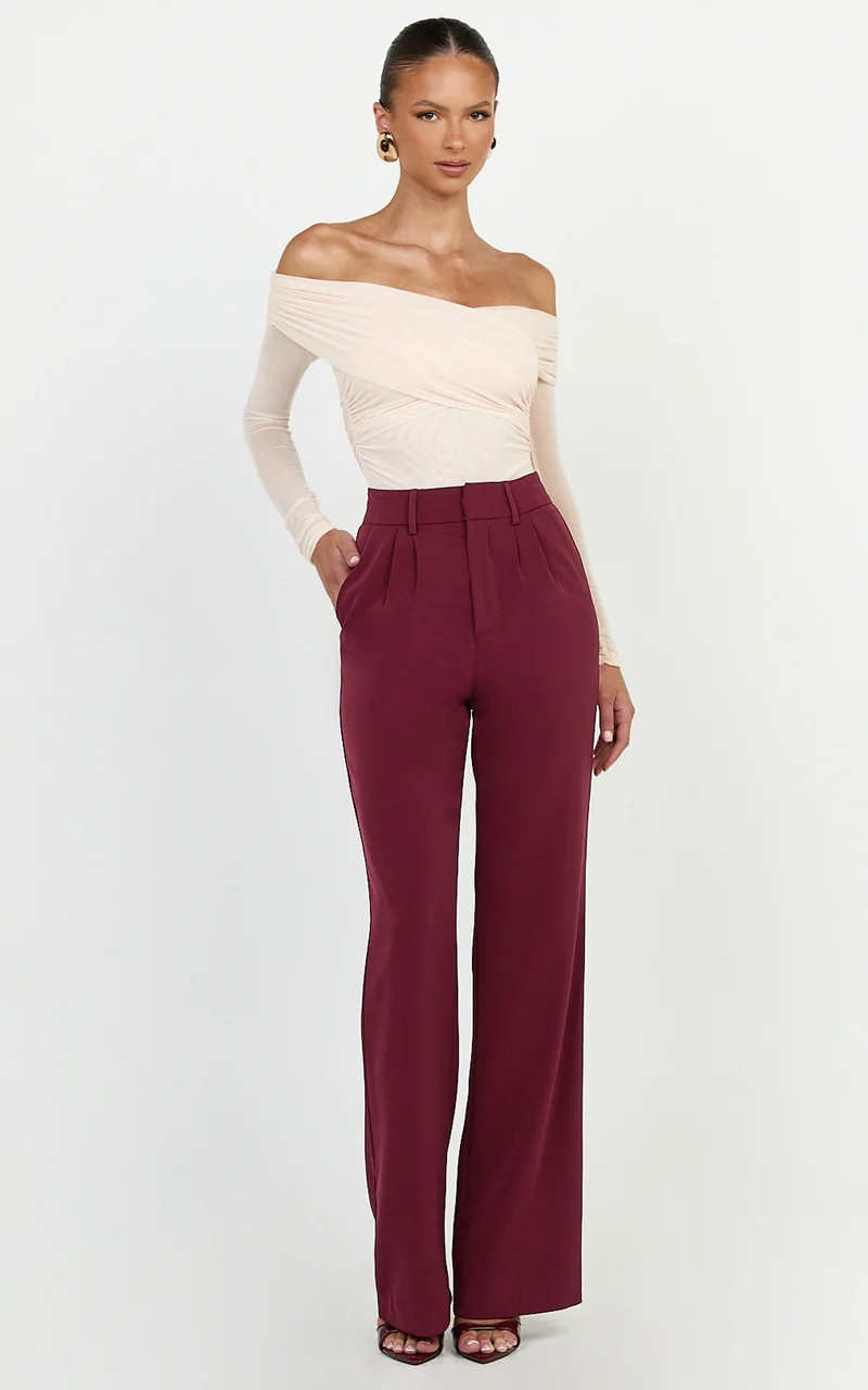 Melissa Pants - Pleat Front Wide Leg Tailored Pants in Wine