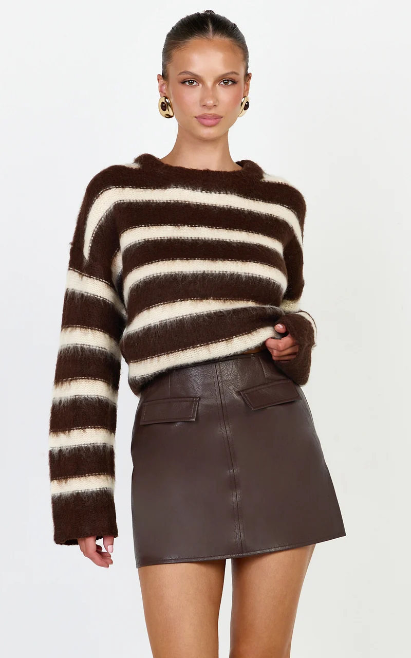 Aria Jumper - Fluffy Striped Knit Jumper in Chocolate