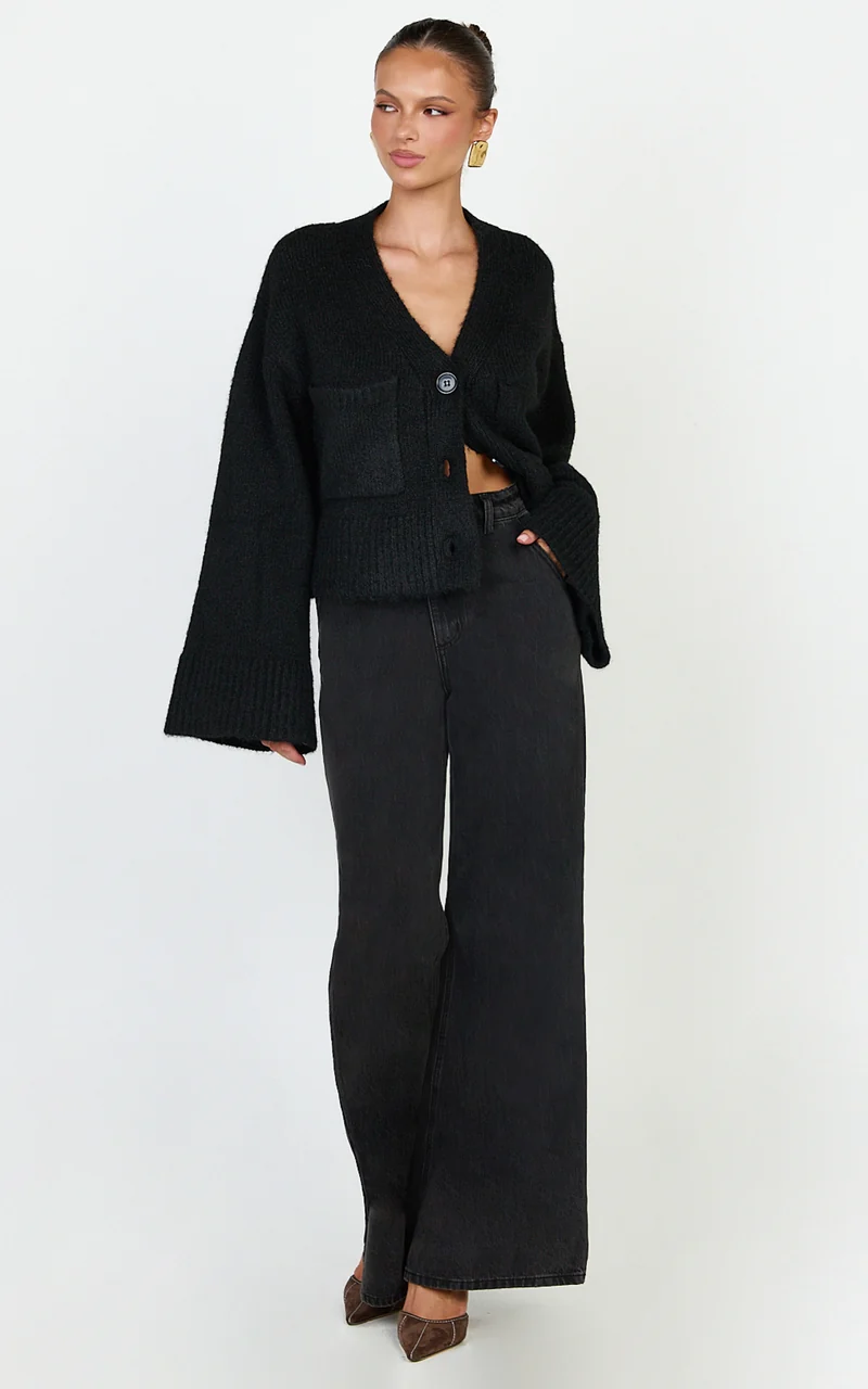 Becka Cardigan - Oversized Recycled Knitted Button Through Cardigan in Black
