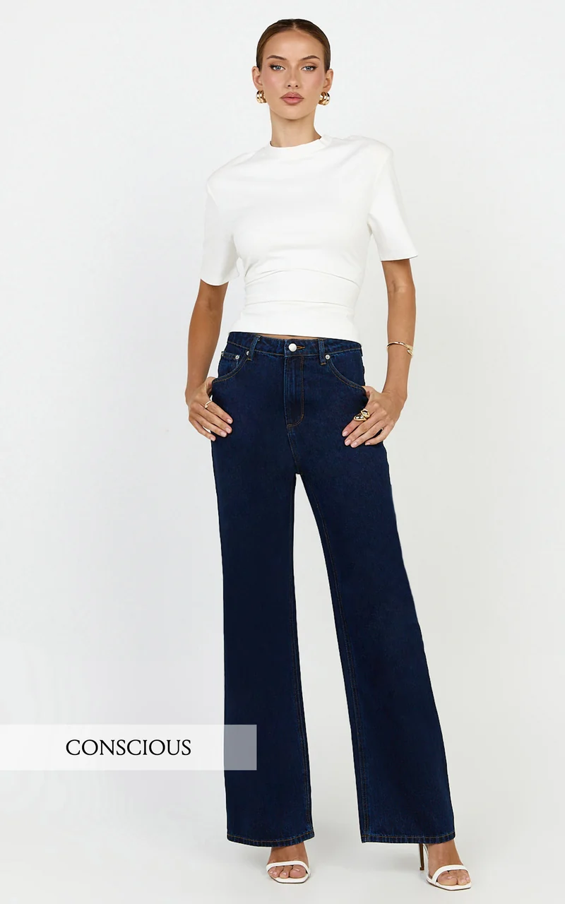 Cole Jeans - High Waist Relaxed Wide Leg Recycled Denim Jeans in Dark Blue