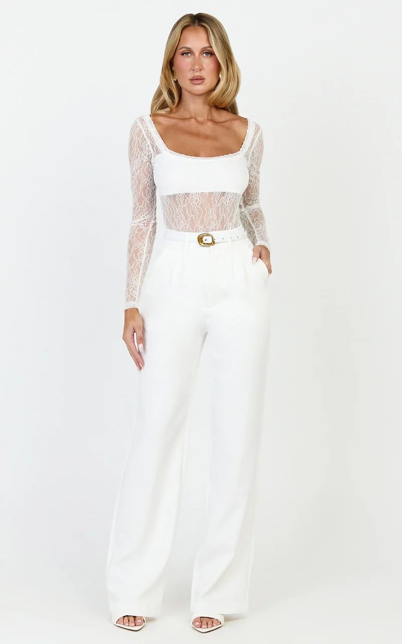 Cynthia Bodysuit - Long Sleeve Lace Bodysuit in Cream