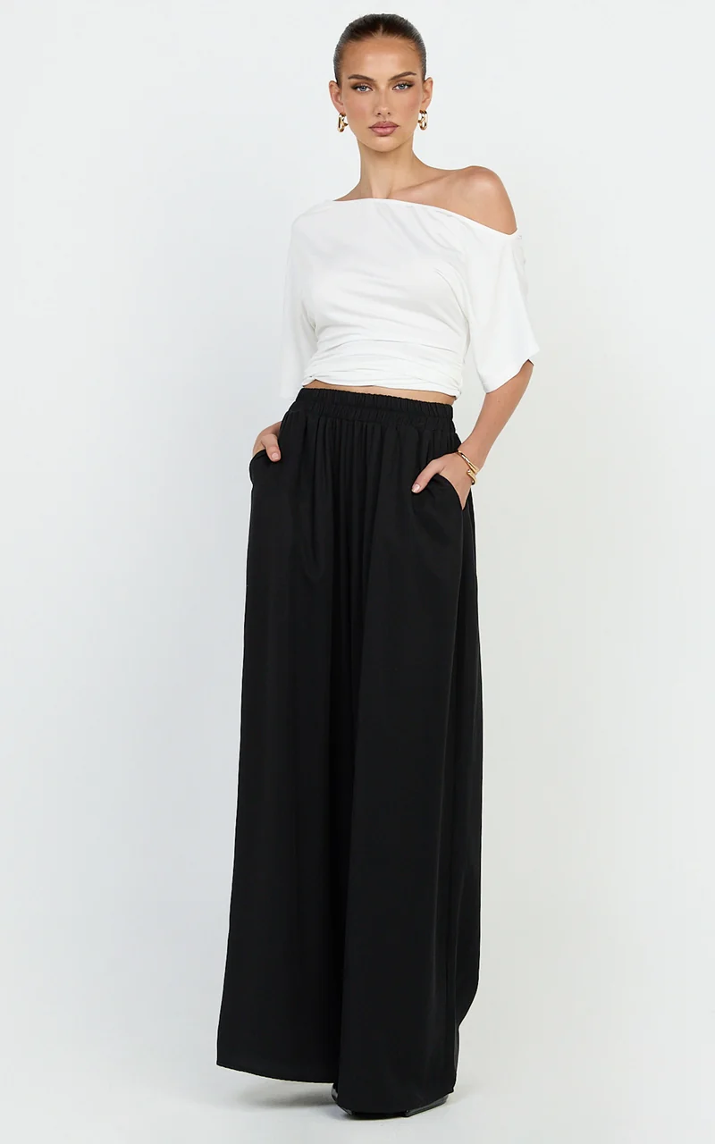 Cardi Pants - High Waist Elastic Wide Leg Pants in Black