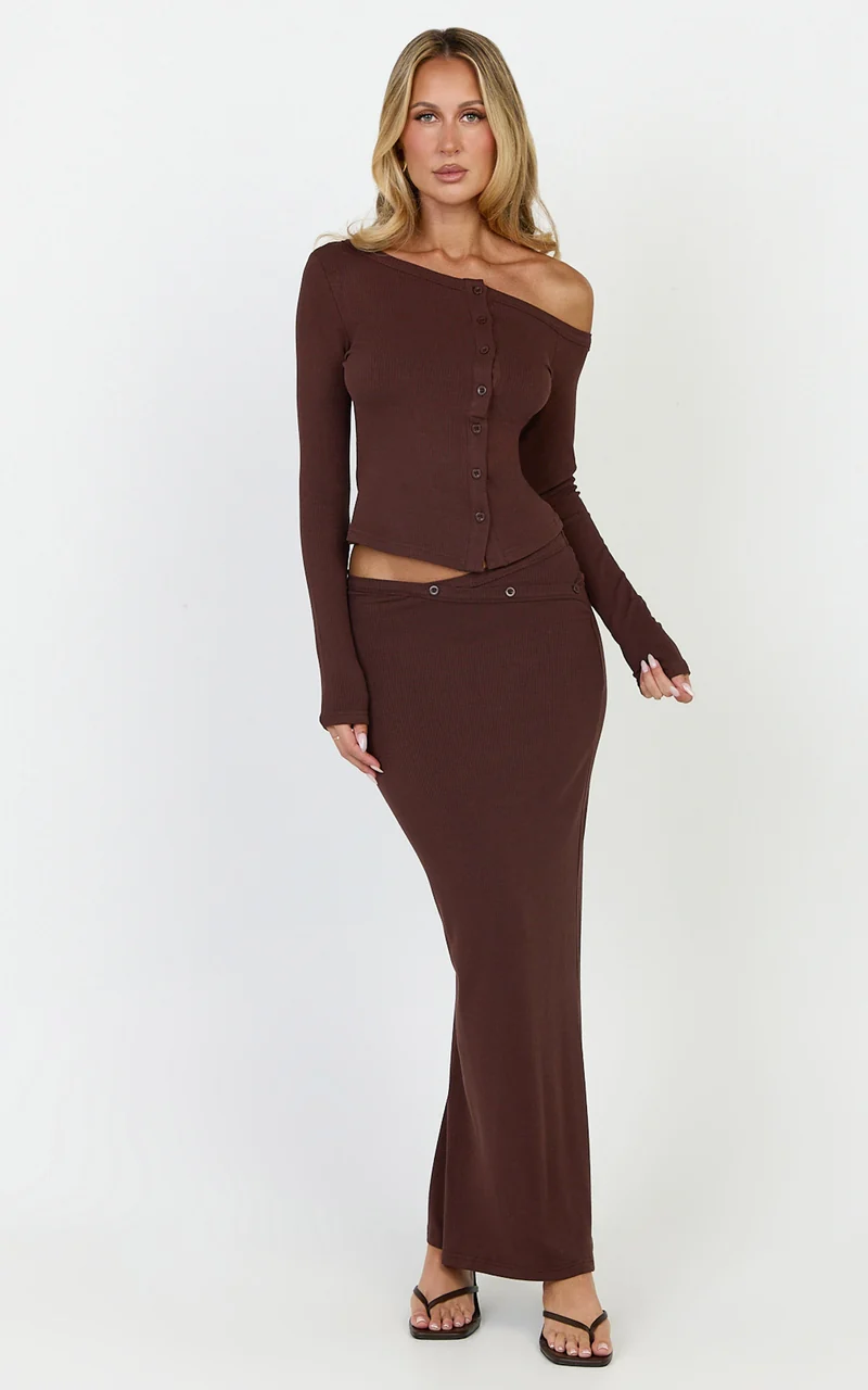 Lulu Two Piece Top and Skirt Set - Asymmetrical Button Detail Top And Maxi Skirt Set in Chocolate