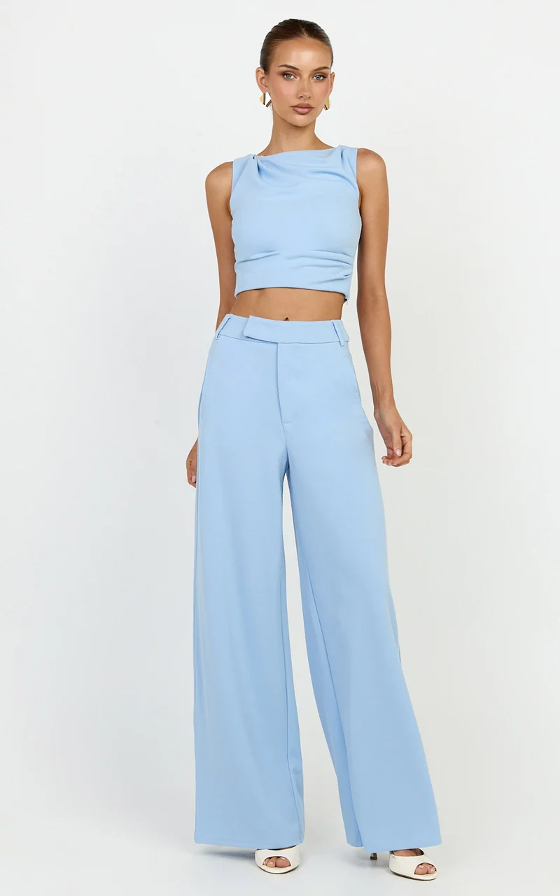 Helen Two Piece Set - Crepe Twisted Top And Wide Leg Pants in Blue