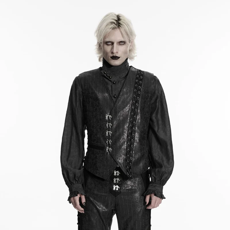 Herr Steampunk Asymmetrisk Spänne Stripe Texturerad Väst Svart