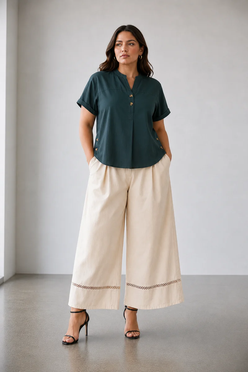 Sorella|100% Cotton Relaxed Fit Button Detail Top