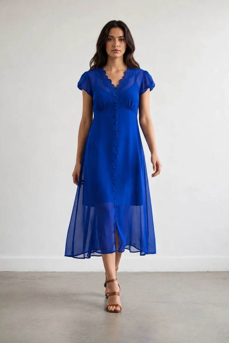 Liora|100% Viscose Lace Detail Midi Dress