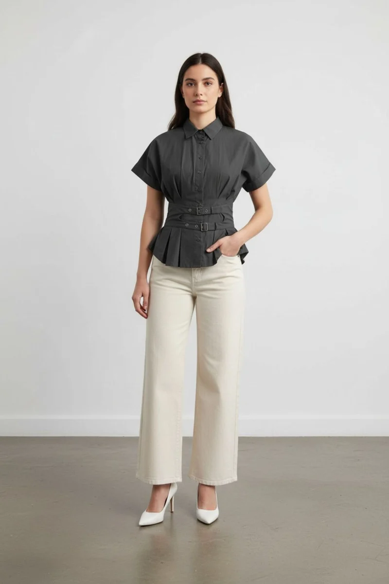 Mirelia|100% Cotton Waist Belt Peplum Shirt