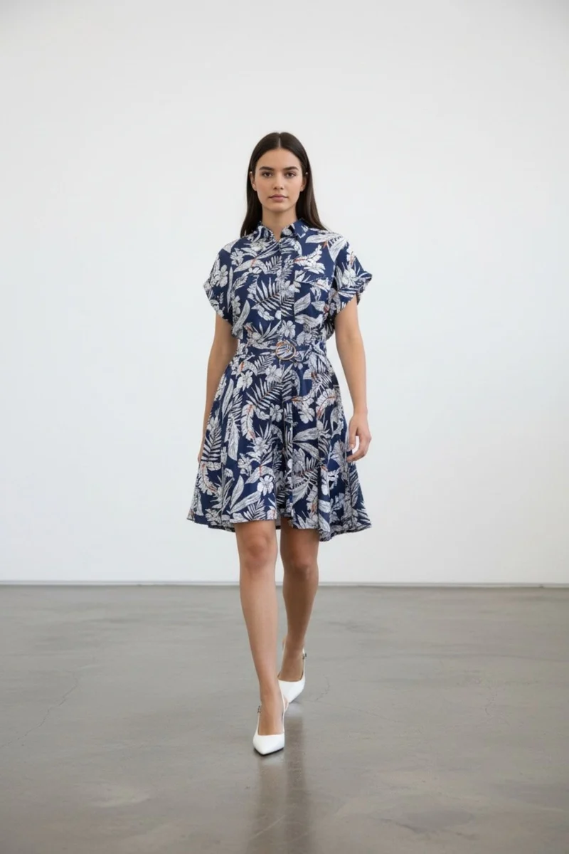 Celestia|100% Viscose Printed Shirt Dress With Metal Buckle