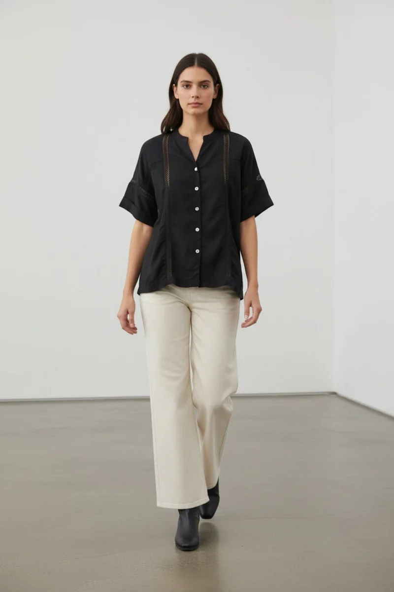 Sorellea|100% Viscose Relaxed Lace Panel Shirt