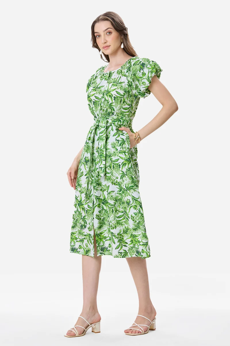 Aureliae|100% Cotton Bubble Sleeve Printed Dress