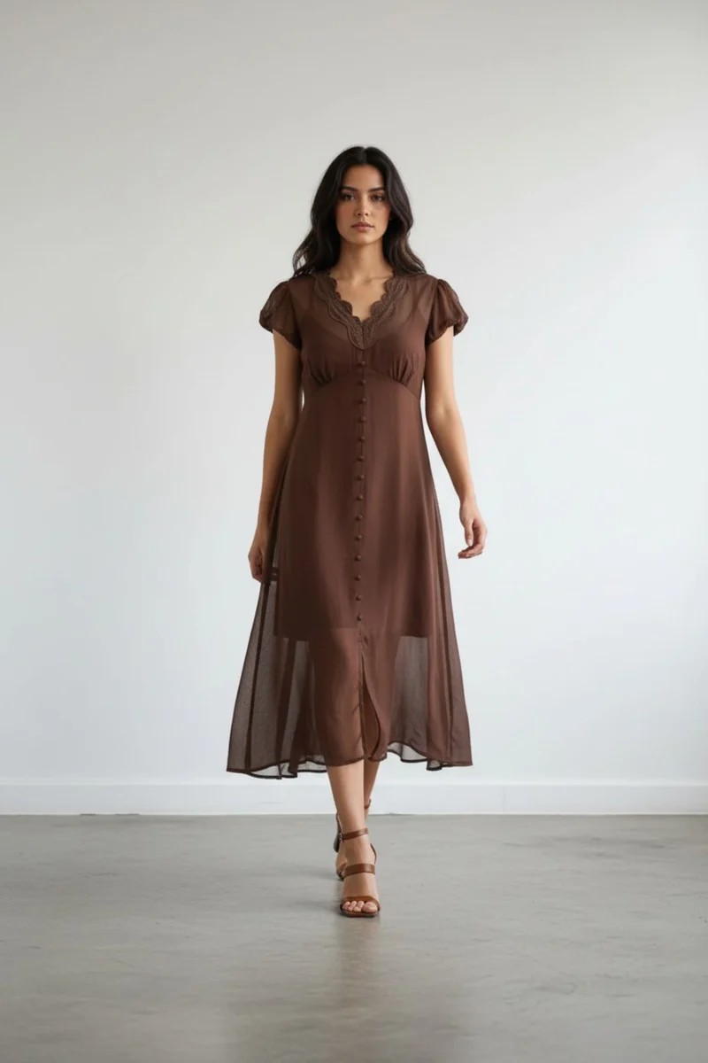 Marcellae|100% Viscose Lace Detail Midi Dress