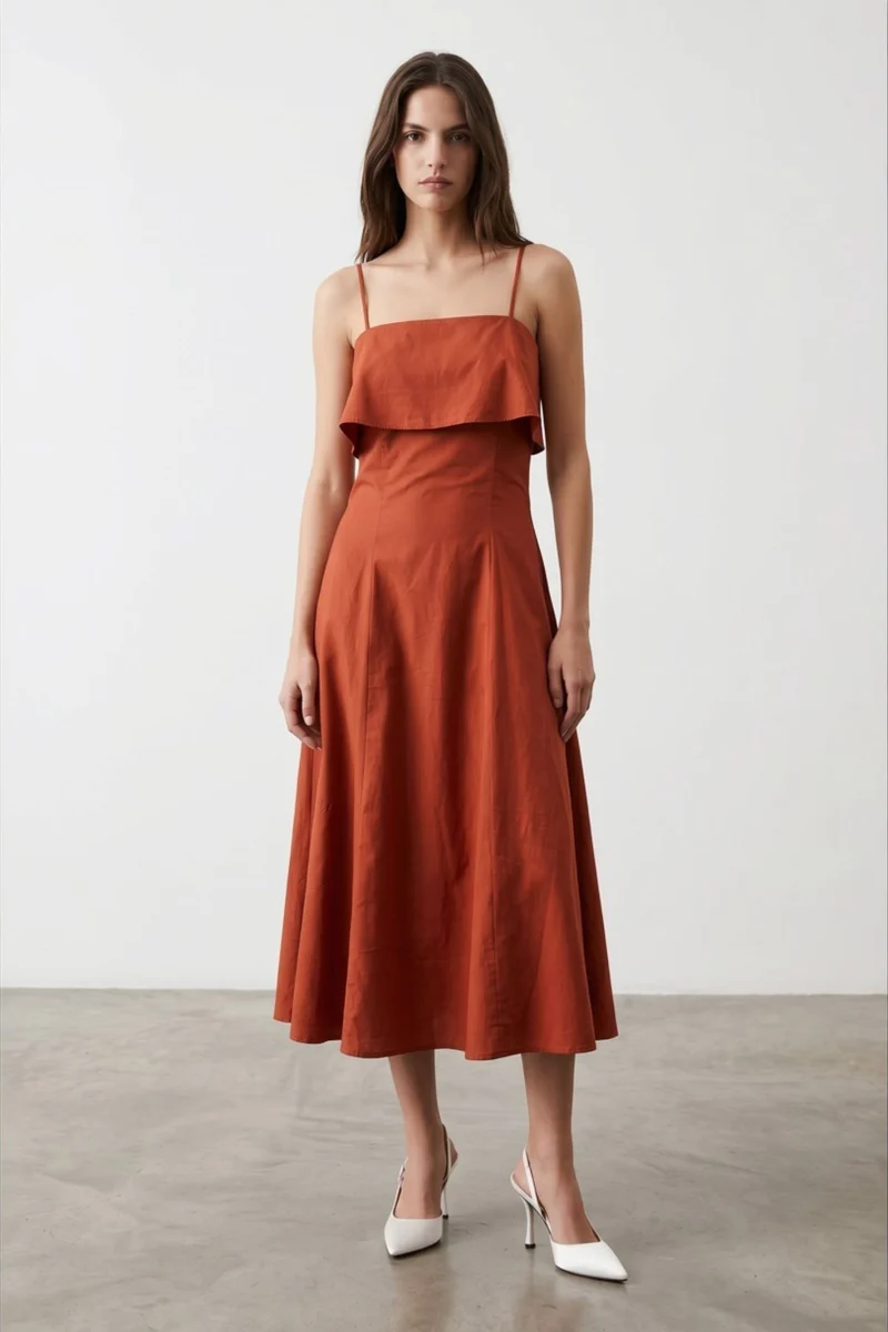 Fiorelle|100% Cotton Layered A-Line Midi Dress