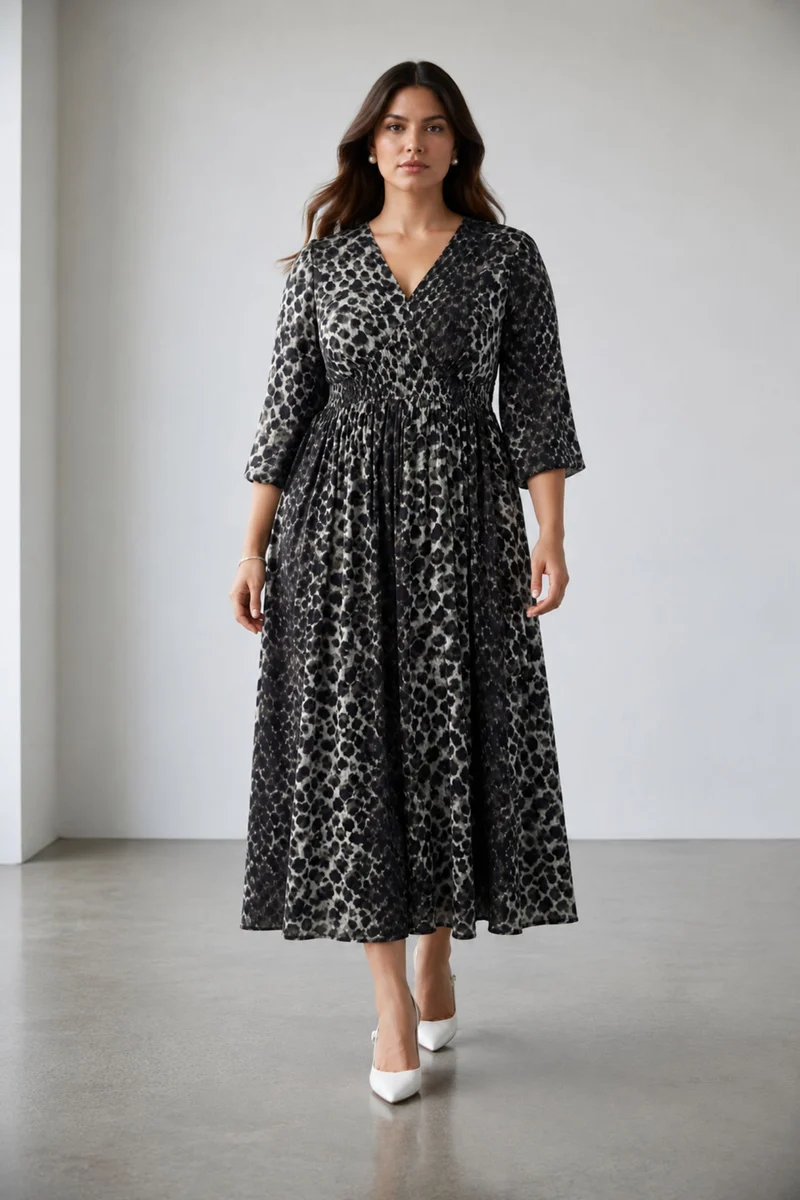 Avalora|100% Viscose V-Neck Maxi Dress