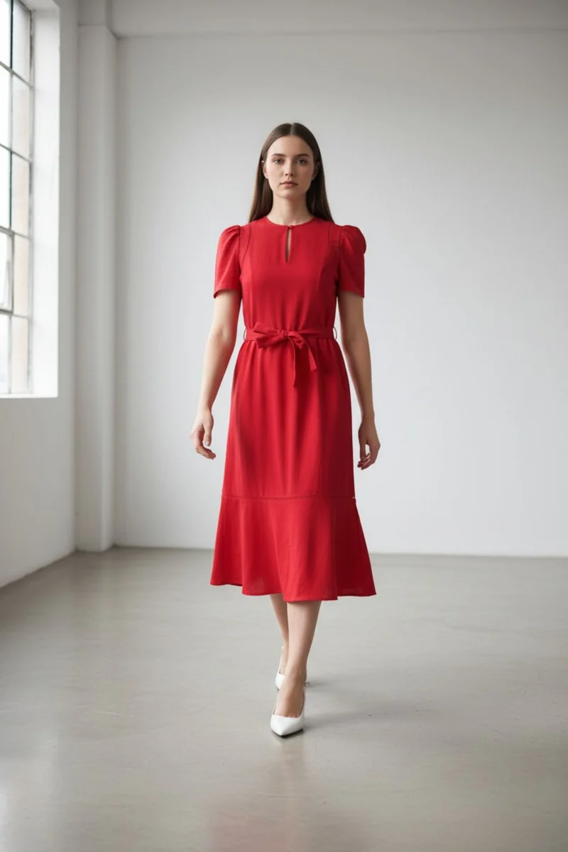 Norelle|100% Cotton Lace Insert Panel Midi Dress
