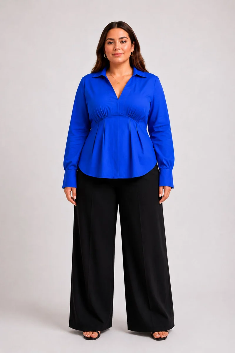 Mirelune|100% Cotton Blue V-Neck Balloon Sleeve Shirt