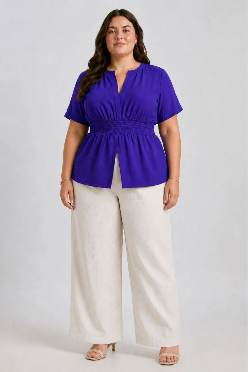 Amelisse|100% Viscose Solid V Neck Peplum Top