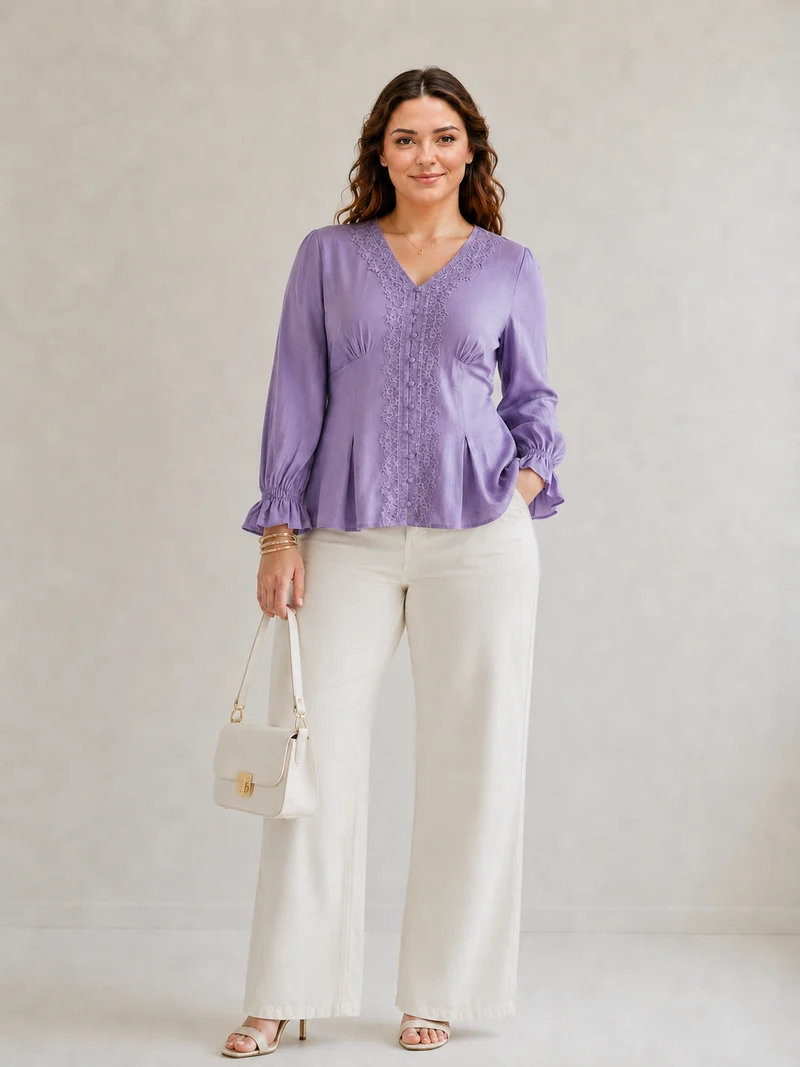 Alouette|100% Viscose V Neck Lace Patch Top