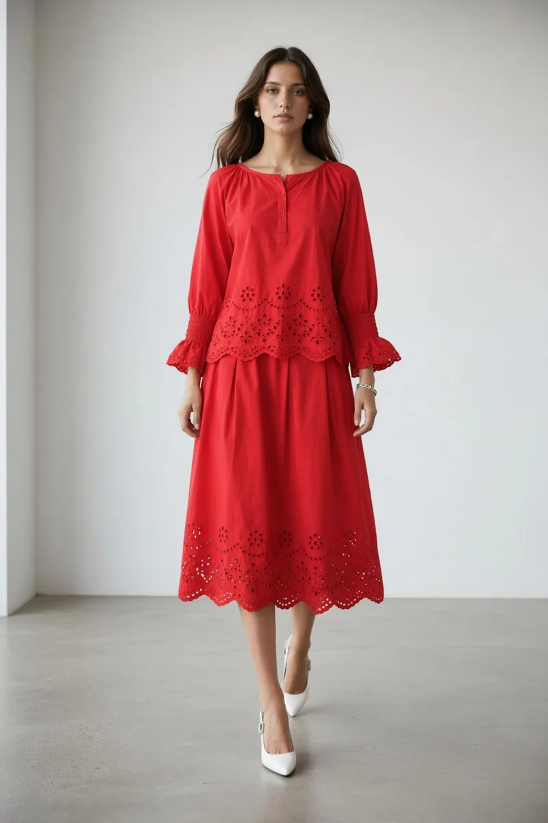 Avielle Co-Ord|100% Cotton Scarlet Bloom Schiffli Co-Ord