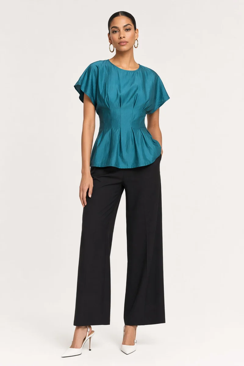 Anika|Viscose Cinched Waist Sheer Sleeve Top