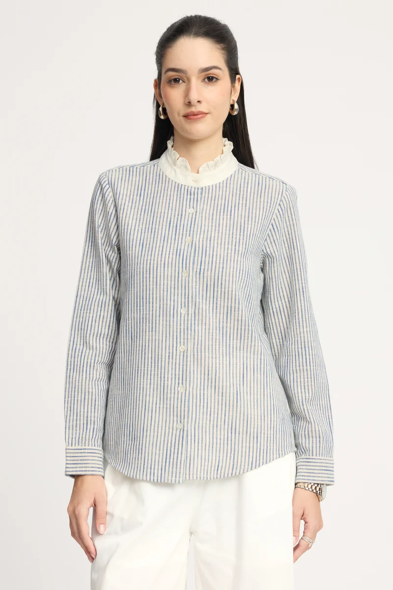Yogita|100% Cotton Ruffled Collar Striped Shirt