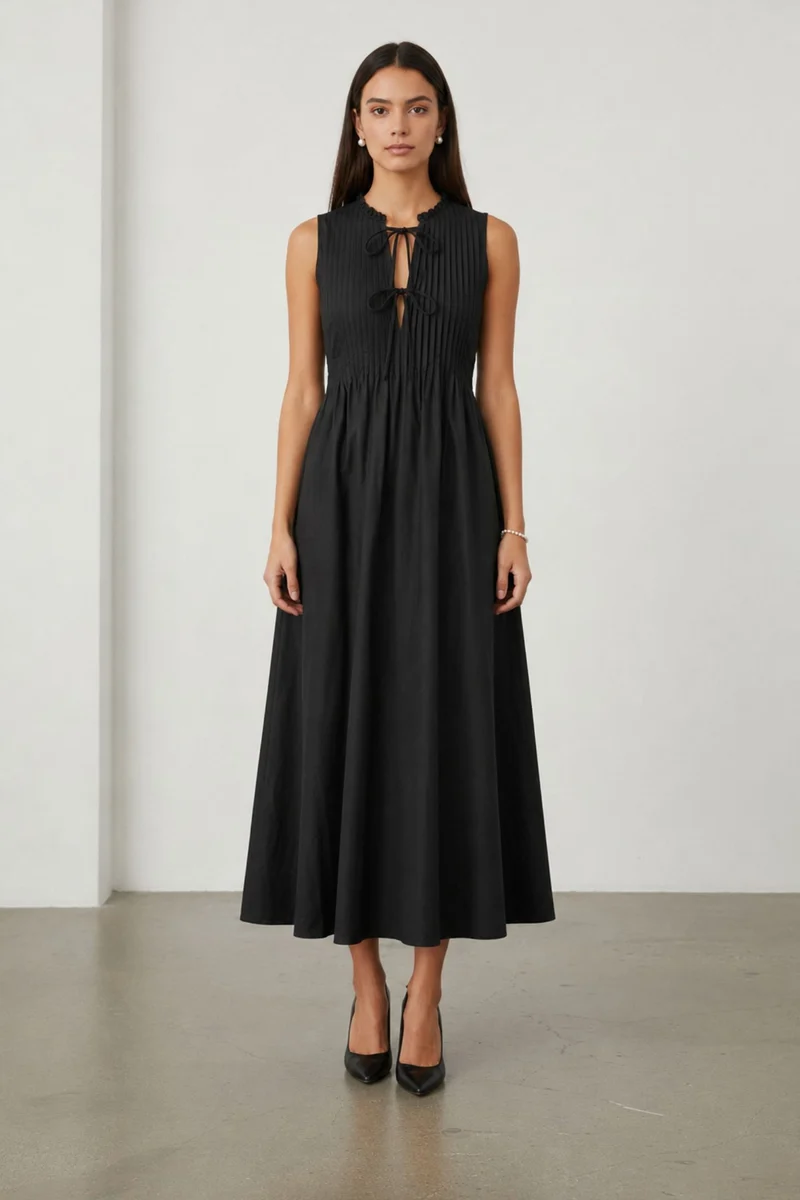 Viretta|100% Cotton Pleated Keyhole Tie Maxi Dress