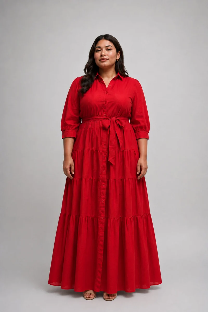 Valerose|100% Viscose Tiered Maxi Shirt Dress