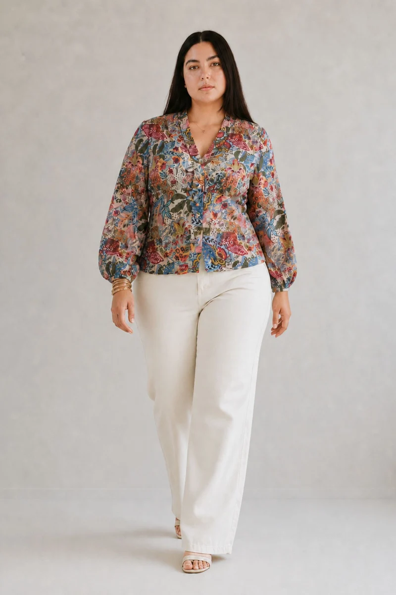 Vireya|100% Cotton V-Neck Puff Sleeve Top
