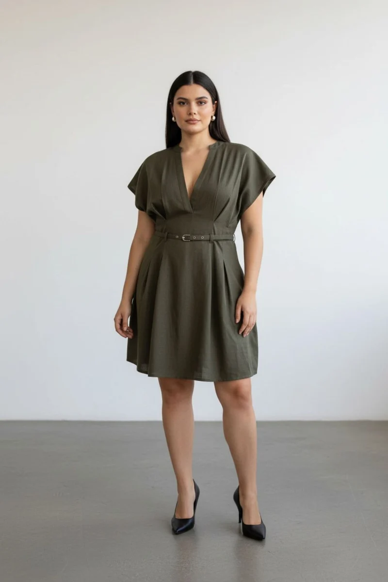 Seravelle|100% Cotton Belted Pleated Mini Dress