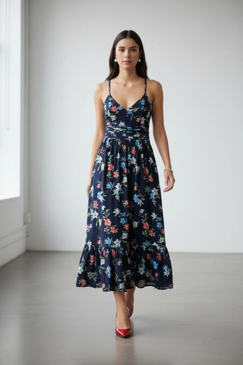 Solsticea|100% Viscose Meadow Bloom Midi Dress