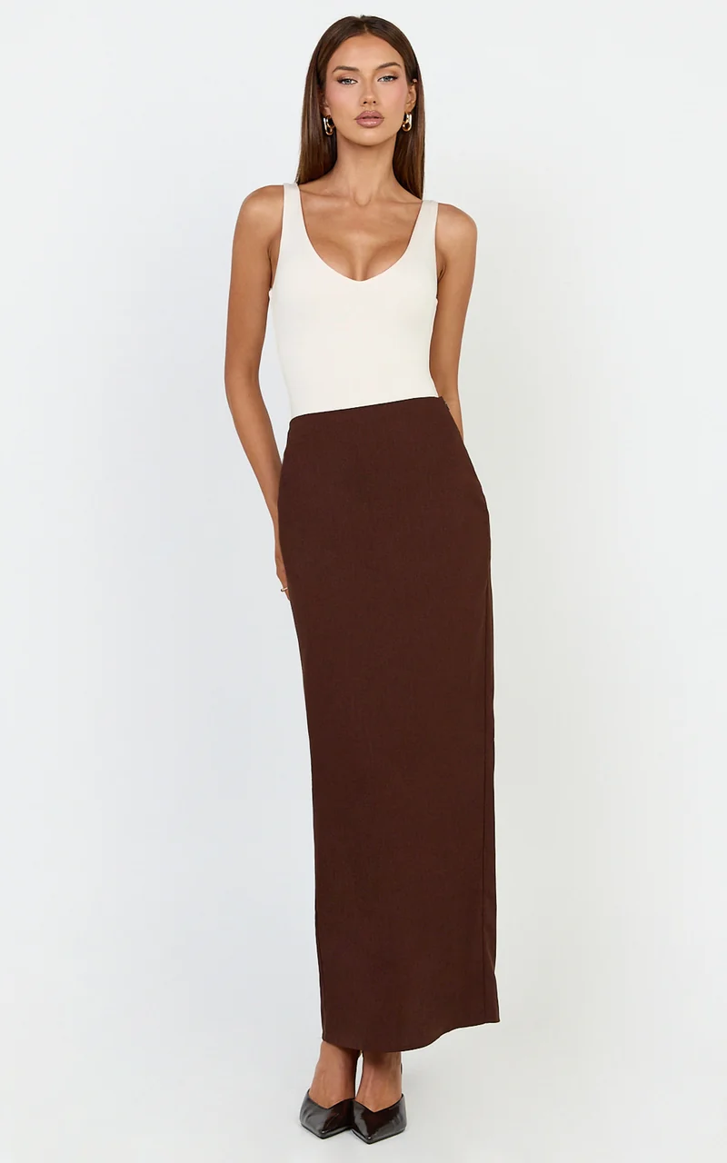 Vance Maxi Skirt - Linen Back Split Skirt in Chocolate