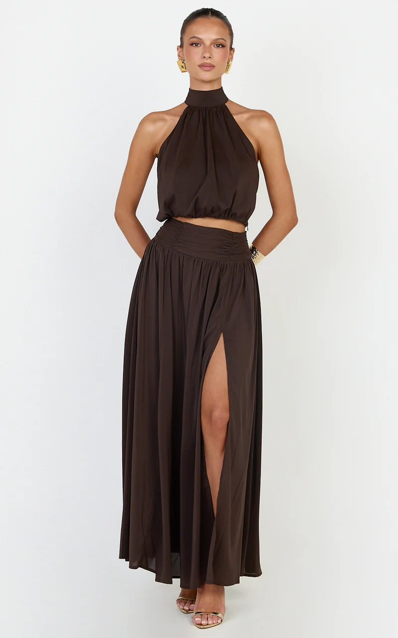 Melanie Maxi Skirt - Gathered Yoke Skirt in Brown