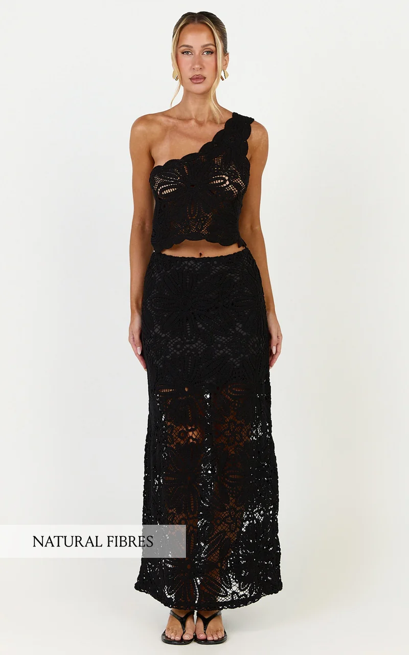 Charlene Maxi Skirt - Crochet Fit And Flare Skirt in Black